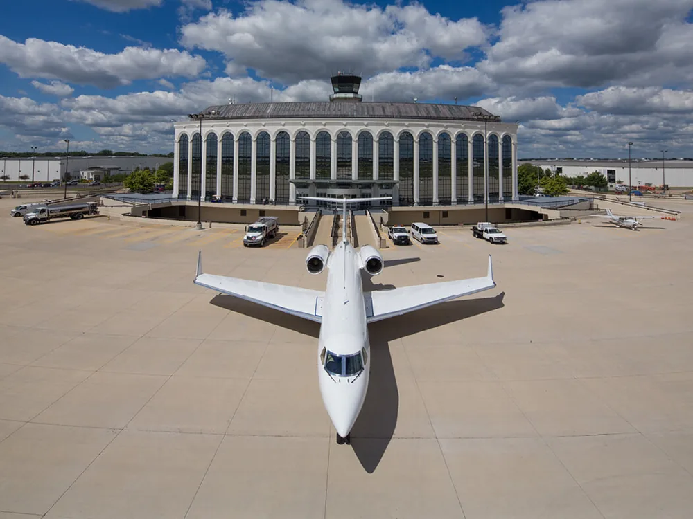 A private jet on the ramp in front of the terminal at DuPage Airport in West Chicago