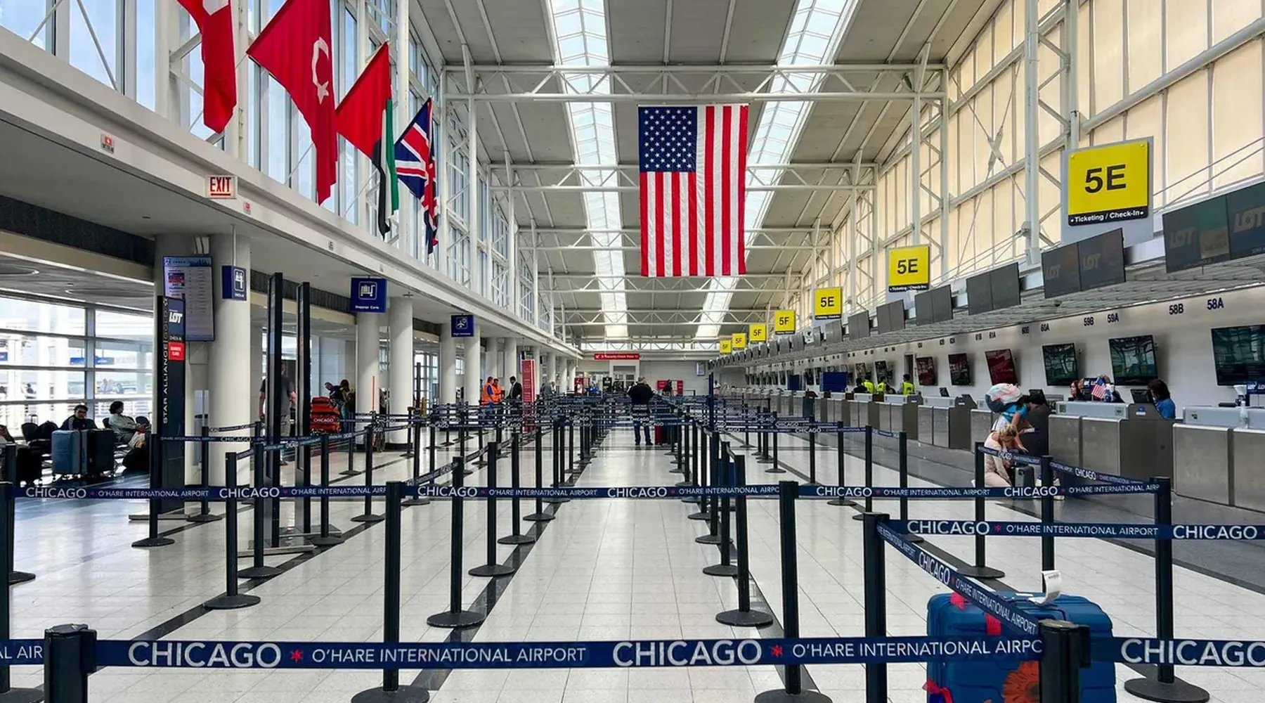 International flags above the ticketing hall at O'Hare International Airport
