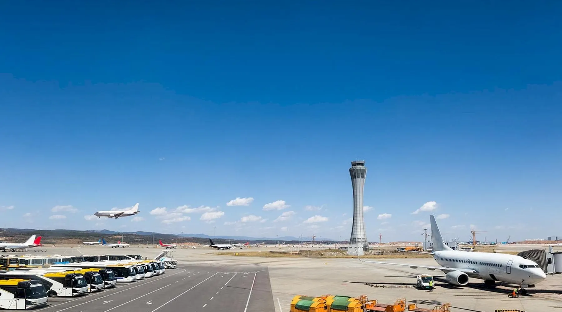 The airfield, control tower and coach fleet at Chicago Executive Airport in Wheeling