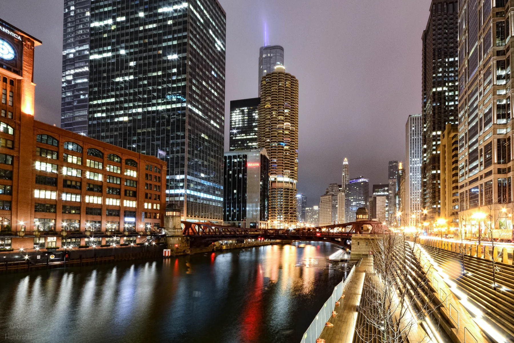 Clark Street bridge and the Chicago River at night