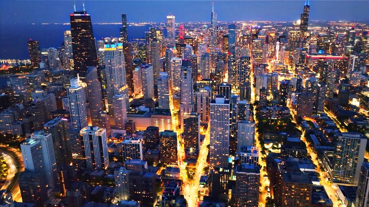 Downtown Chicago at night from above