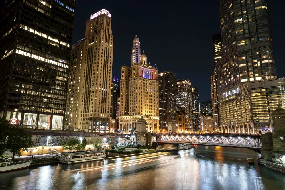 DuSable Bridge and Michigan Avenue at night in Chicago