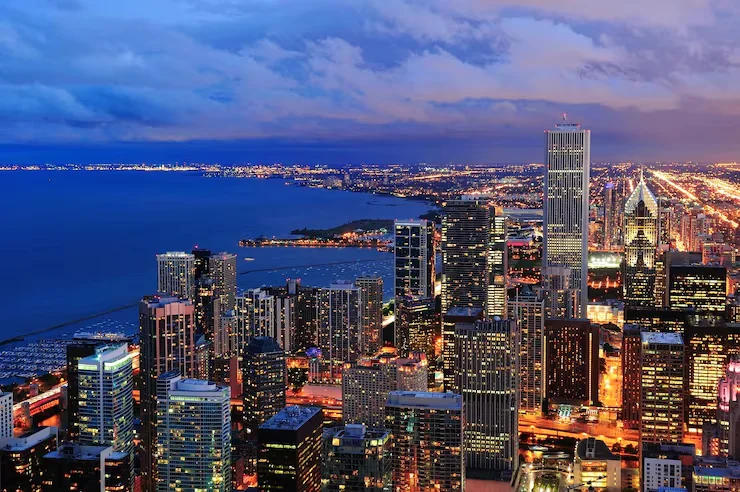 Chicago lakefront and skyline at dusk