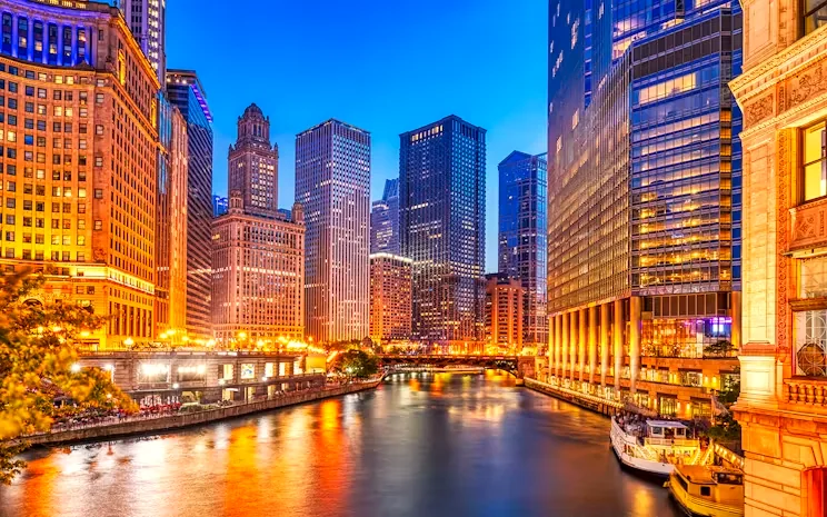 Chicago River at blue hour looking toward Wacker Drive