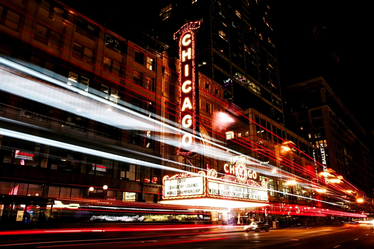 The Chicago Theatre marquee lit at night on State Street
