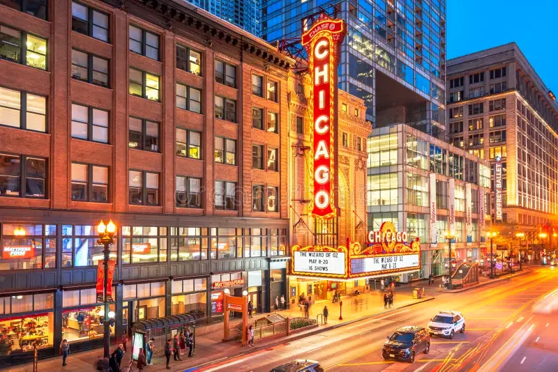 Chicago Theatre and State Street at evening